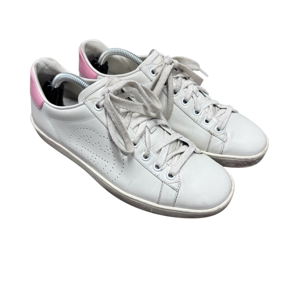 Gucci White Leather Sneakers with Pink Heel Tab - Picture 2 of 16